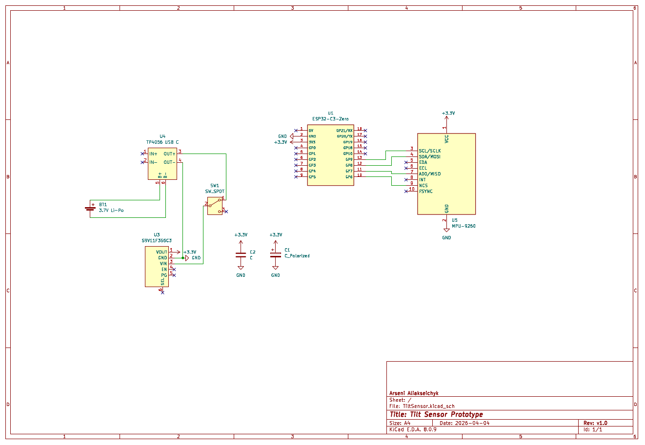 KiCad 8 schematic: ESP32-C3-Zero + MPU-9250 IMU (SPI) + TP4056 USB-C LiPo charger + S9V11F3S5C3 buck-boost 3.3V regulator + SPDT power switch