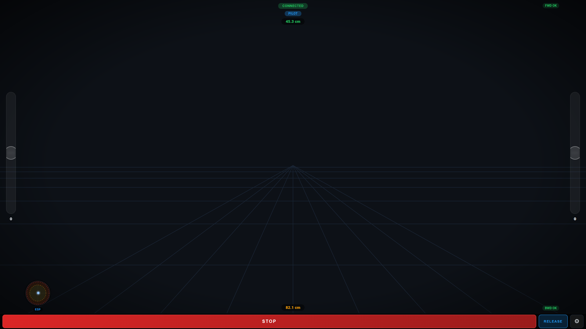 Web control panel at arseni-rpi5.local: CONNECTED status, PILOT mode, 40.4 cm ultrasonic readout, FORWARD indicator, joystick controls and speed sliders