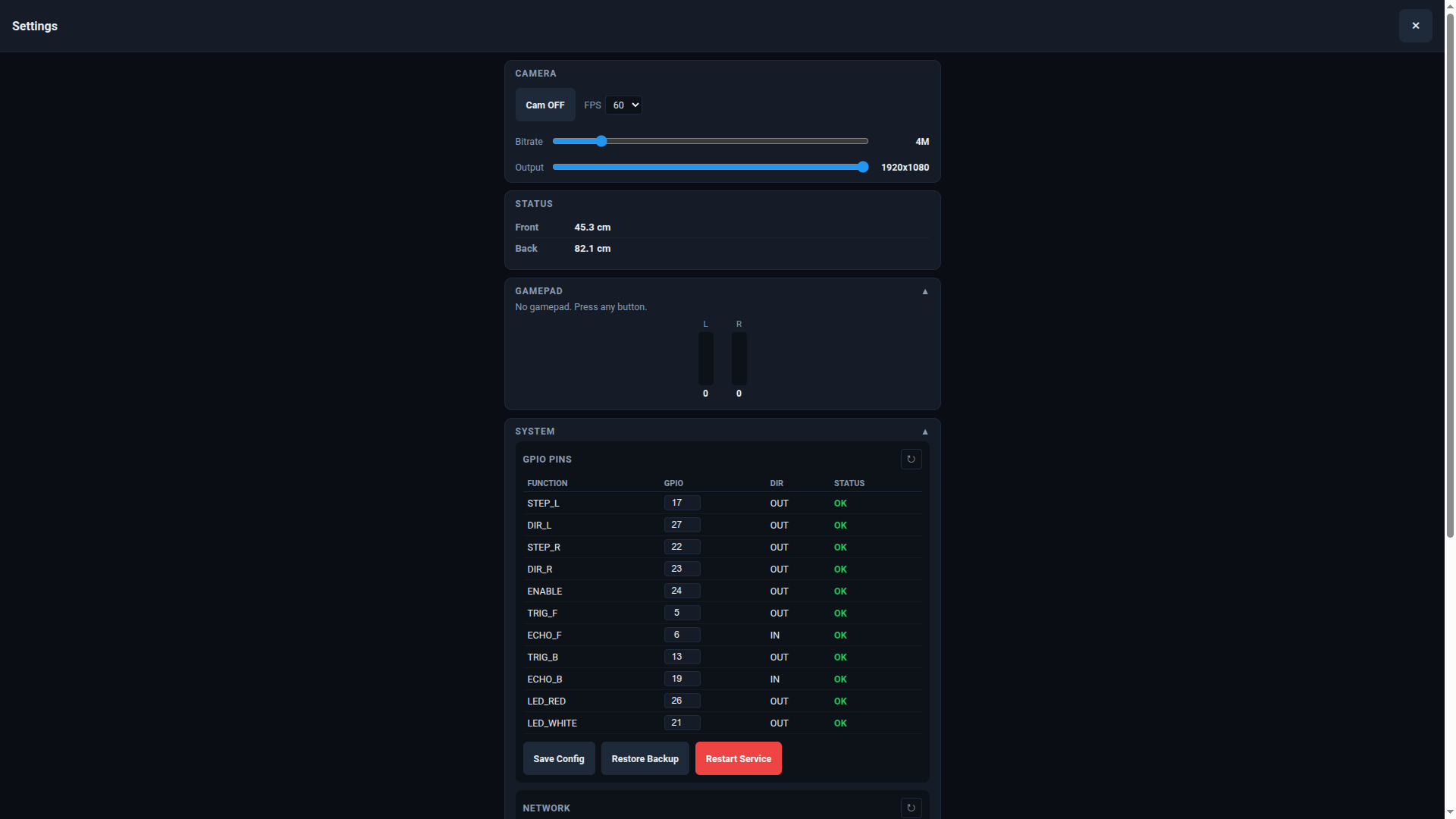 Robot web UI settings page — Wi-Fi mode switching, video stream configuration, bitrate and resolution controls