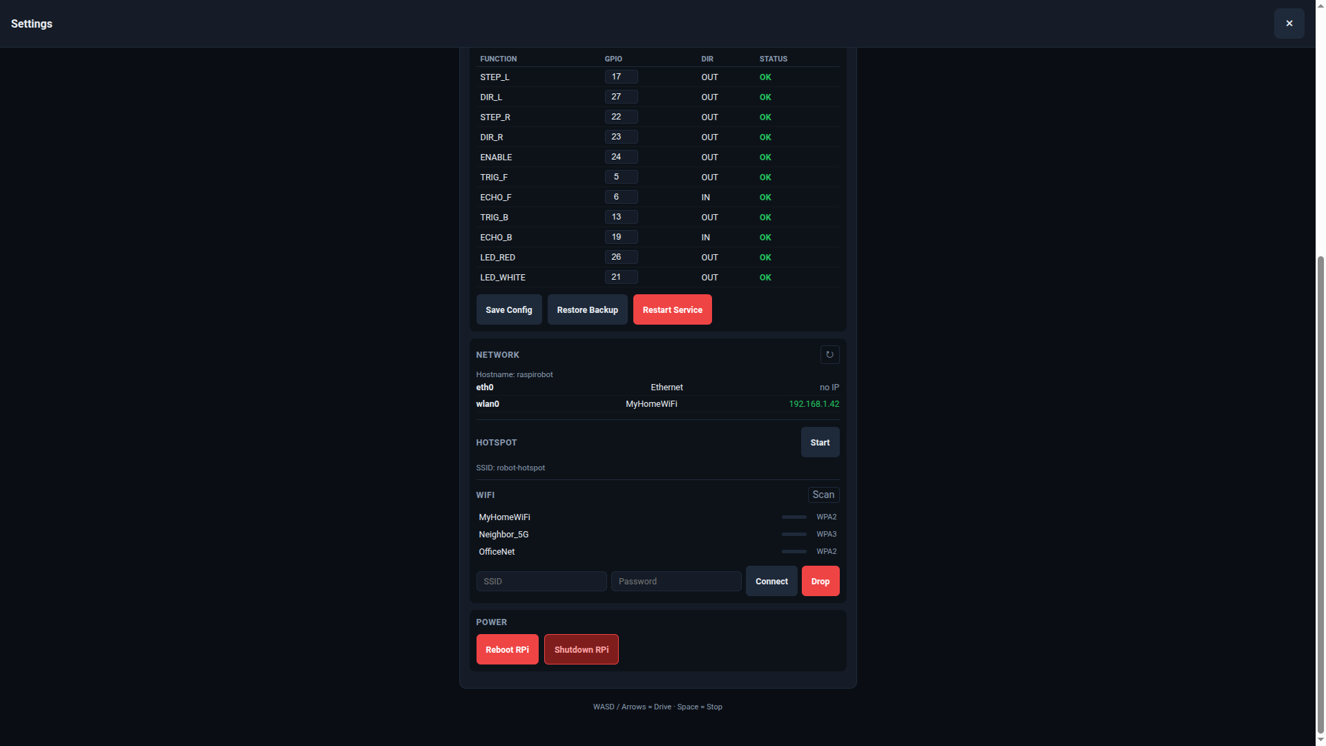 Robot web UI advanced settings — hotspot/client network toggle, Raspberry Pi reboot and shutdown controls